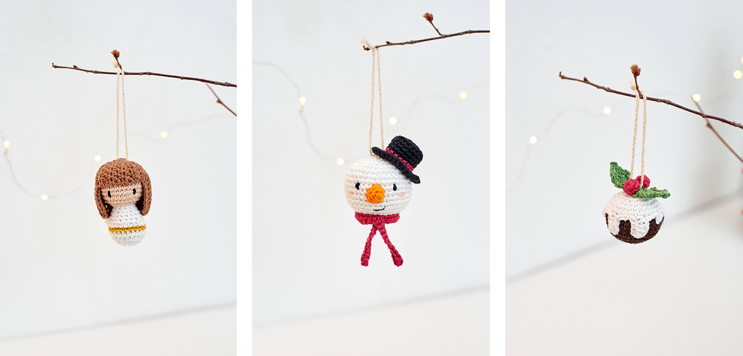 Horgolt karácsonyfadísz 3 db-os csomag – angyal, hóember, karácsonyi puding