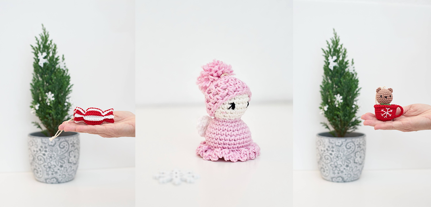 Horgolt karácsonyfadísz 3 db-os csomag – cukorka, tündér, bögrés maci