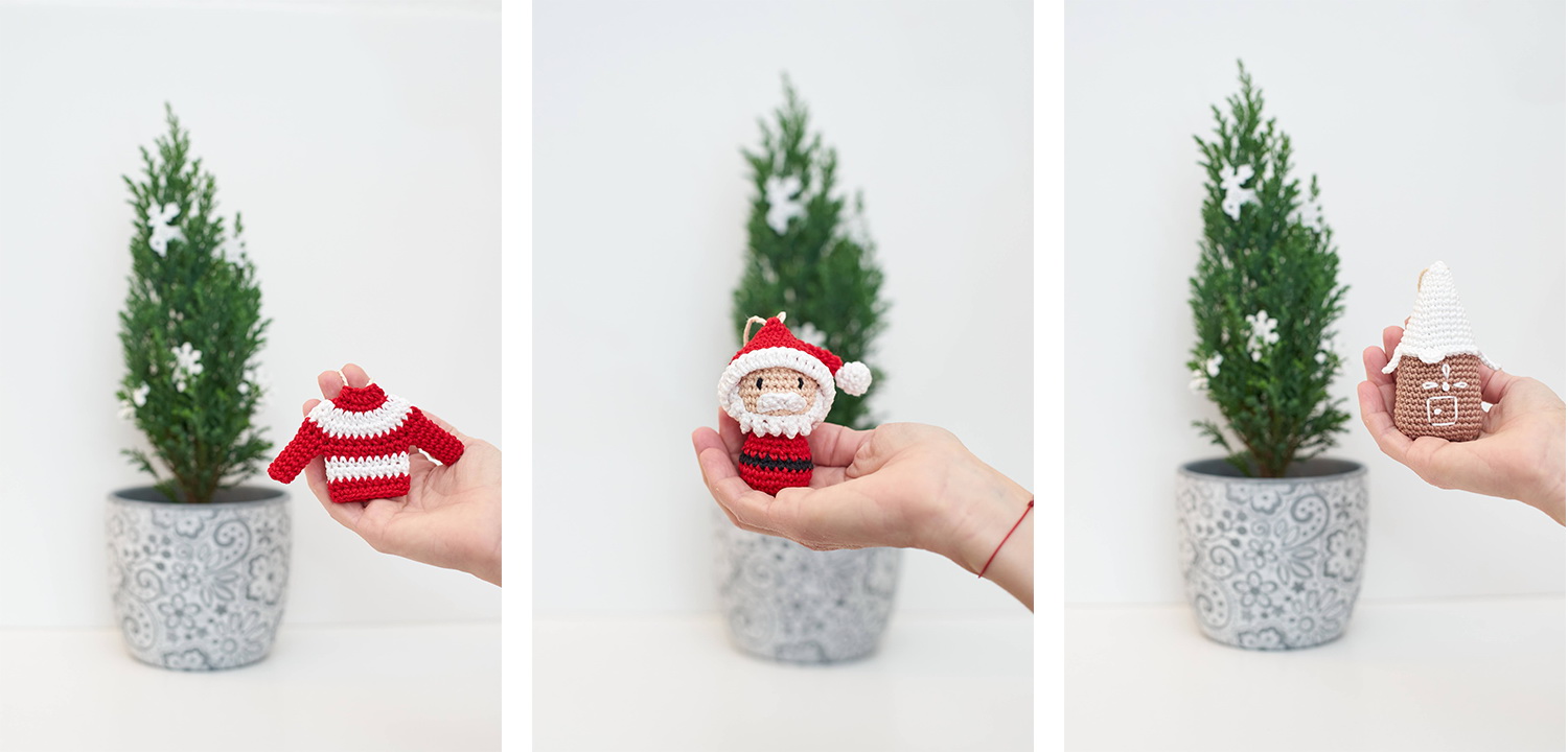Horgolt karácsonyfadísz 3 db-os szett – Mikulás, pulcsi és házikó